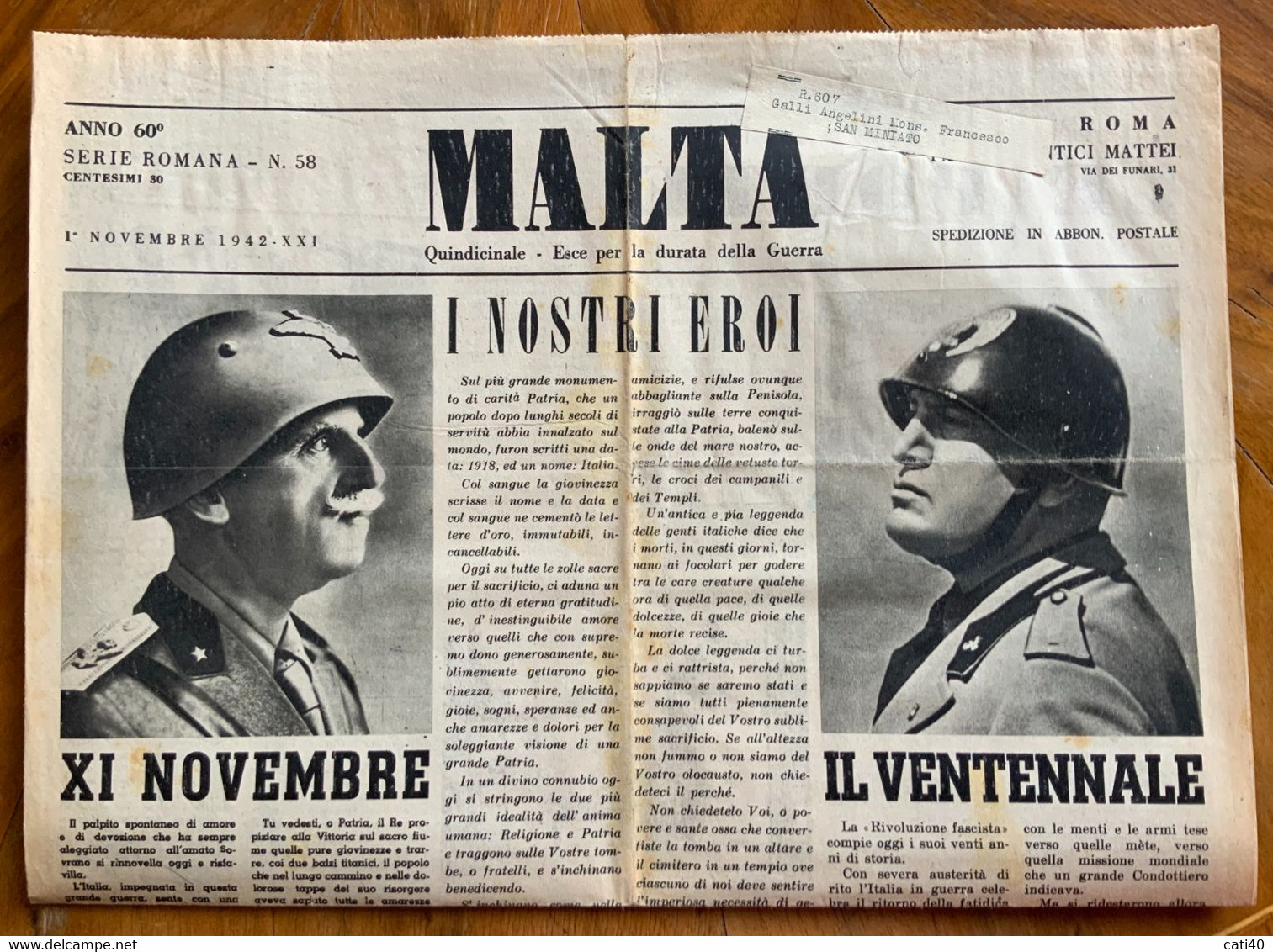 FASCISMO - MALTA Quindicinale  DEL 1/11/1942  ESCE PER LA DURATA DELLA GUERRA  - CARICATURA DI CONSIGLI... - First Editions