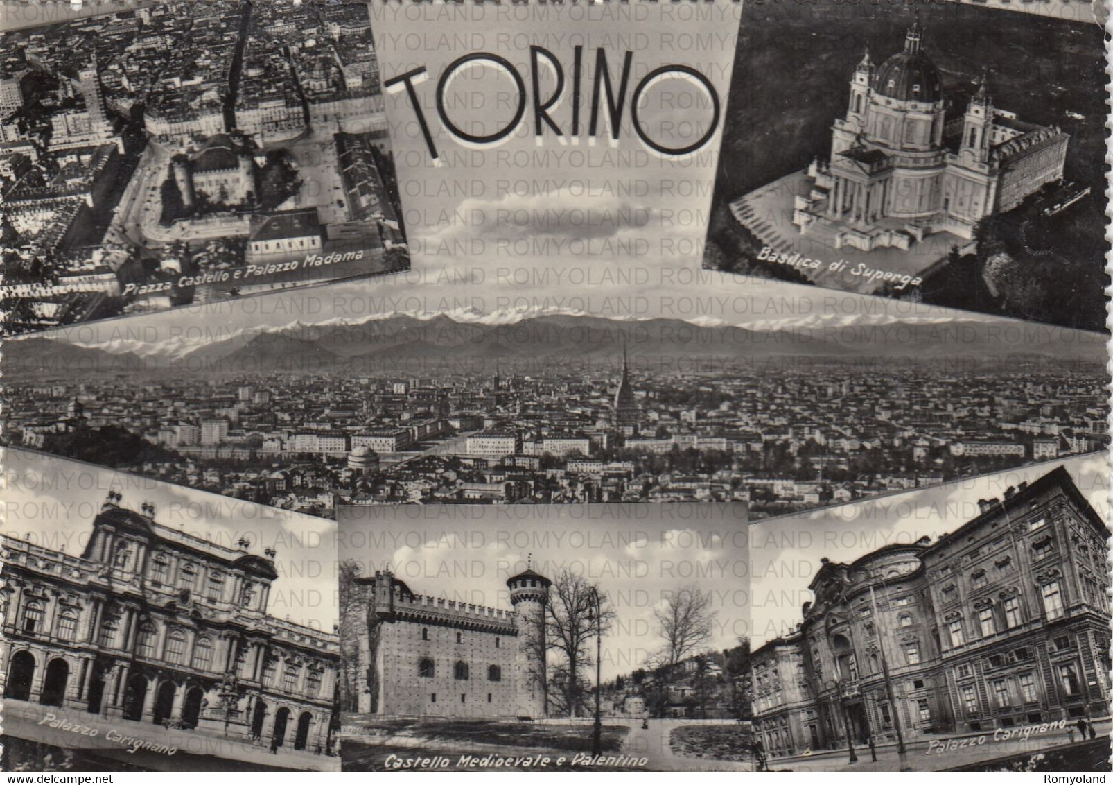 CARTOLINA  TORINO,PIEMONTE,PIAZZA CASTELLO E PALAZZO MADONNA-BASILICA DI SUPERGA-CASTELLO MEDIOEVALE-VIAGGIATA 1956 - Castello Del Valentino