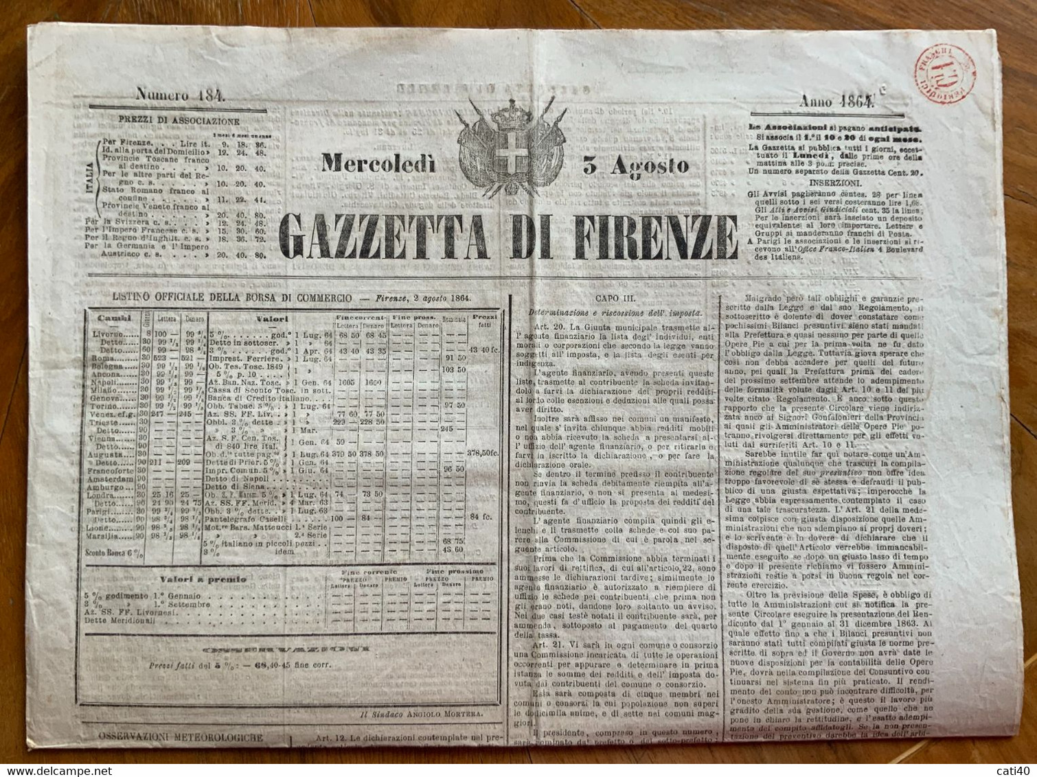 PERIODICI FRANCHI C.1 D.c. Rosso Su Lla GAZZETTA DI FIRENZE DEL 3 AGOSTO 1864 - Erstauflagen