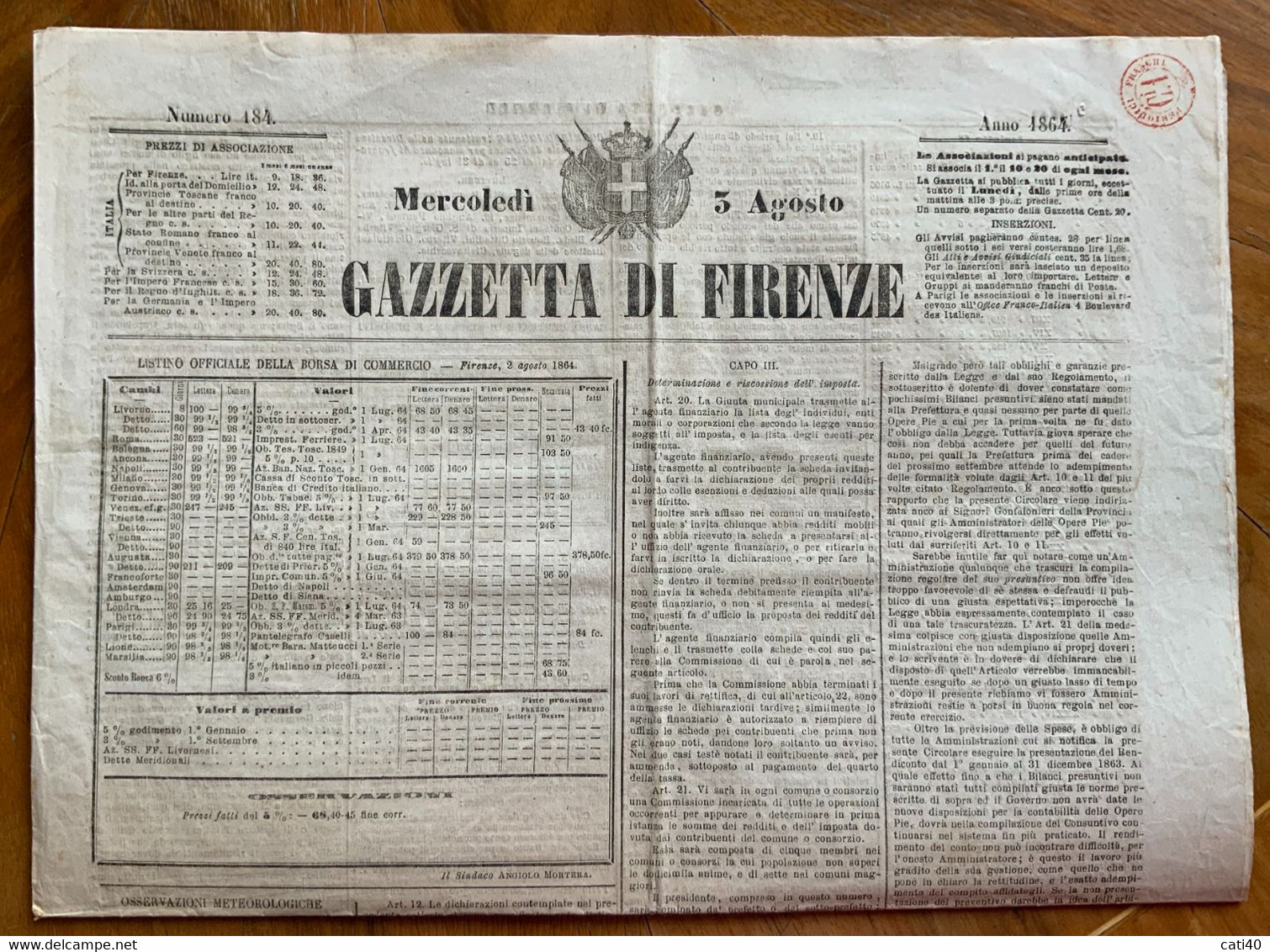PERIODICI FRANCHI C.1 D.c. Rosso Su Lla GAZZETTA DI FIRENZE DEL 3 AGOSTO 1864 - First Editions