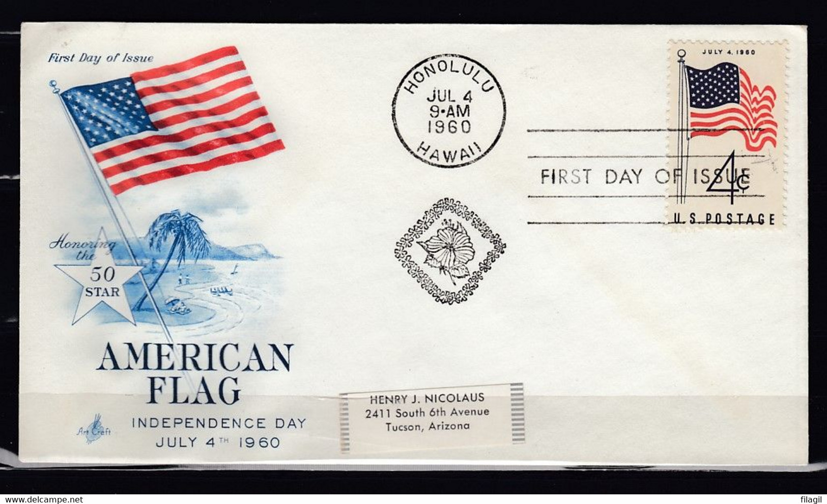 FDC American Flag Honolulu Hawaii First Day Of Issue - 1951-1960