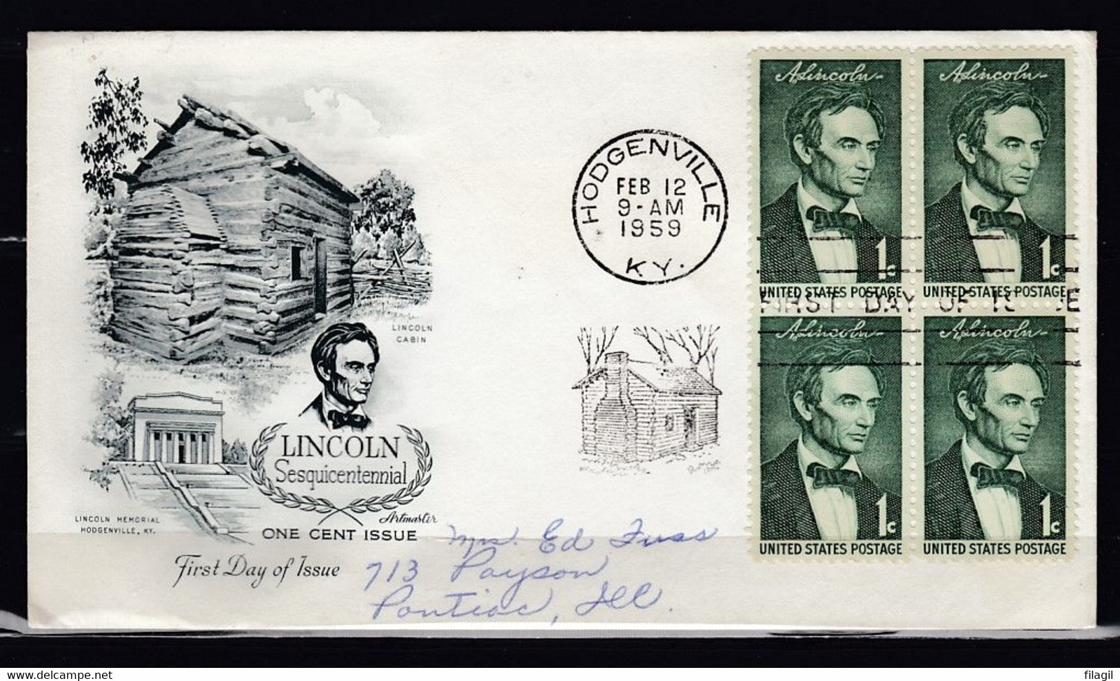 FDC Lincoln Sesquicentennial Hodgenville KY First Day Of Issue - 1951-1960