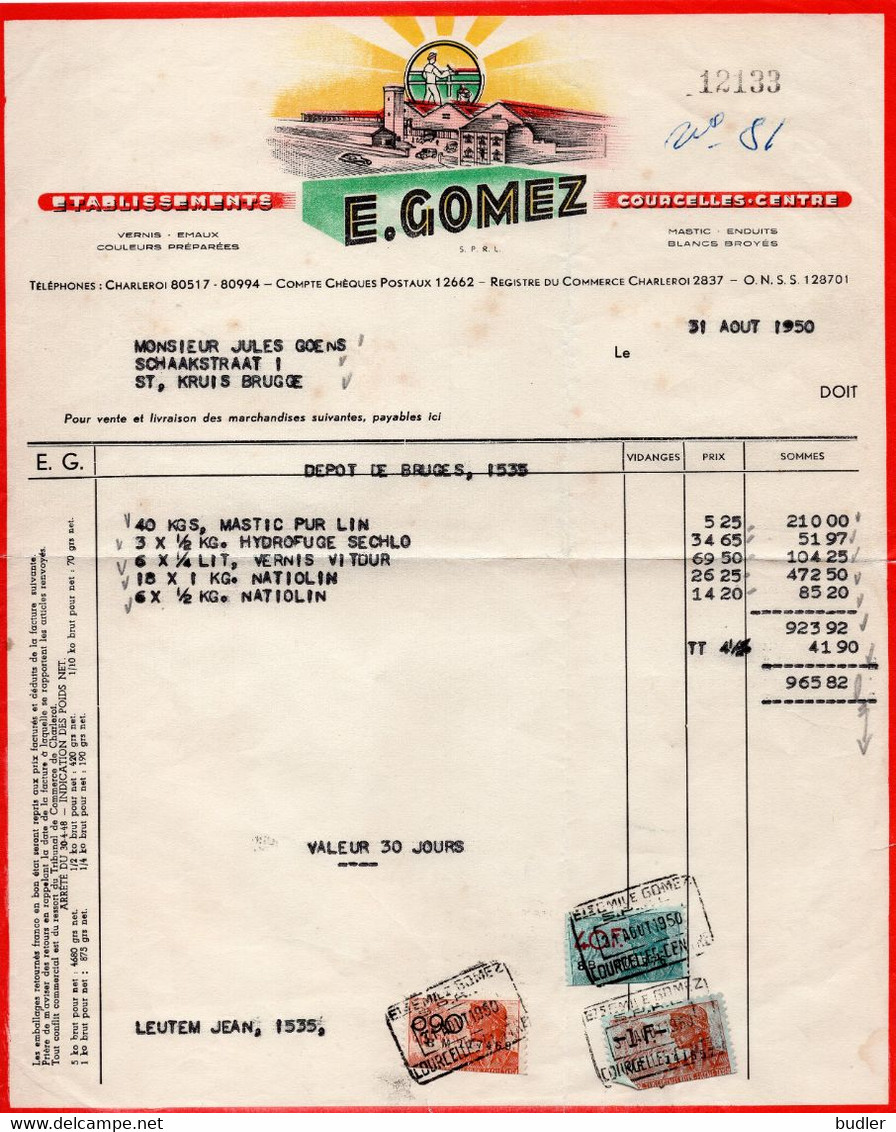 1950 : Factuur Van ## Établissements E. GOMEZ, COURCELLES-Centre ## Aan ## Mr. Jules GOENS,, Schaakstraat, 1, St. Kruis - Perfumería & Droguería