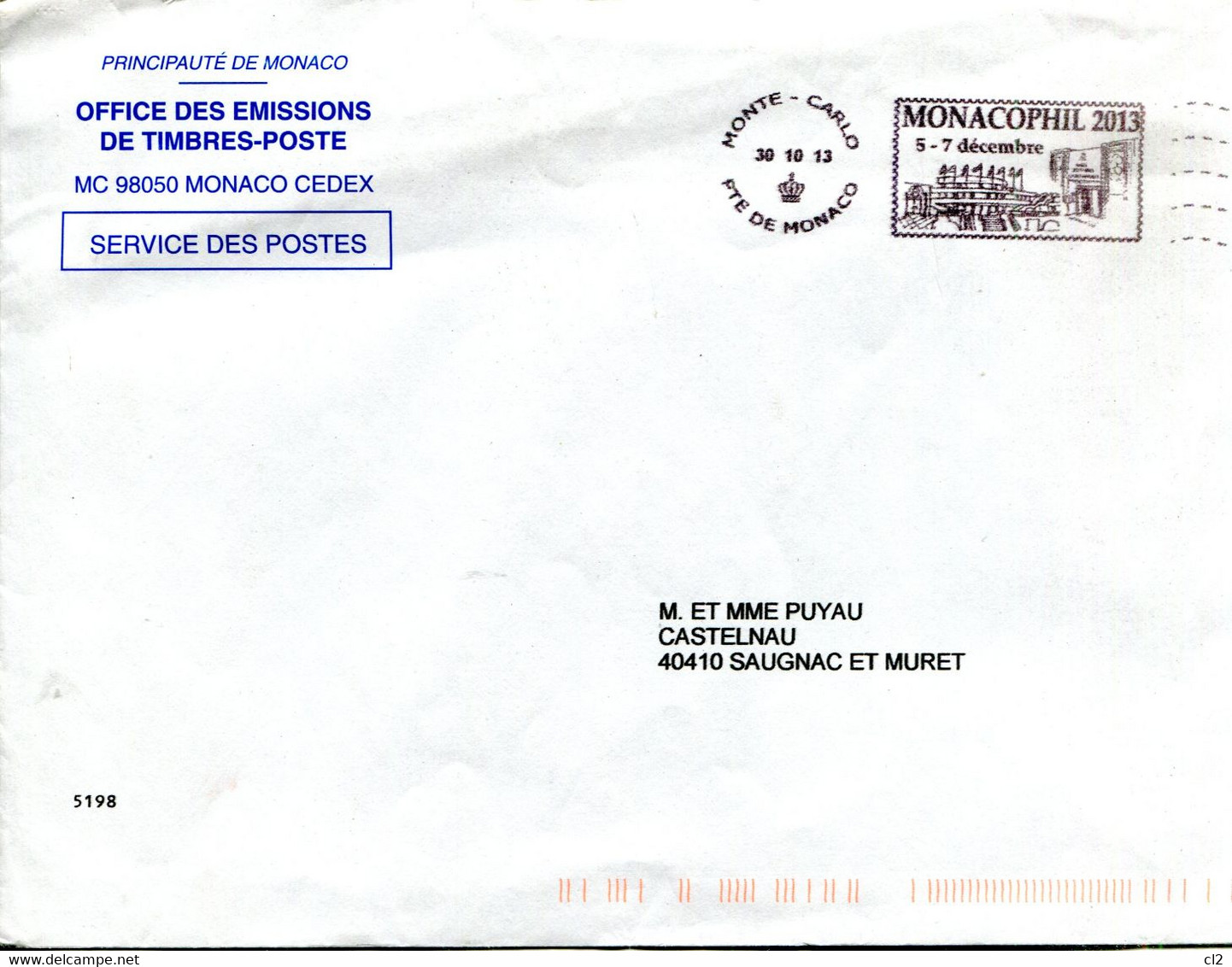 MONACOPHIL 2013 - 5-7 Décembre (sur Enveloppe 22,8 X 16,2 Cm) - Franking Machines (EMA)