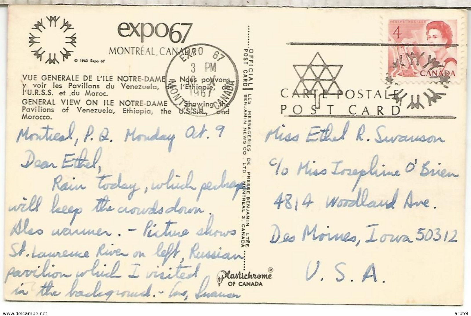 CANADA POSTAL DE LA EXPO 67 CON MAT EXPO 67 MONTREAL - 1967 – Montreal (Canada)