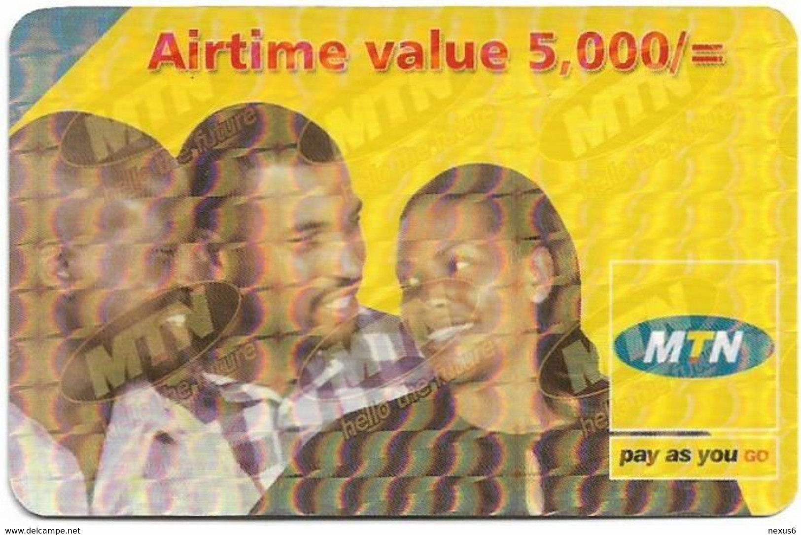 Uganda - MTN - 3 People, (Diagonal Transpar. ''MTN Hello The Future'' On Front, Normal Back) GSM Refill 5.000Ush, Used - Ouganda