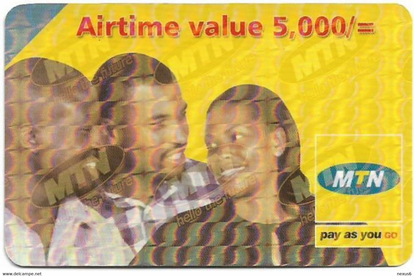 Uganda - MTN - 3 People, (Diagonal Transpar. ''MTN Hello The Future'' On Front, Normal Back) GSM Refill 5.000Ush, Used - Uganda