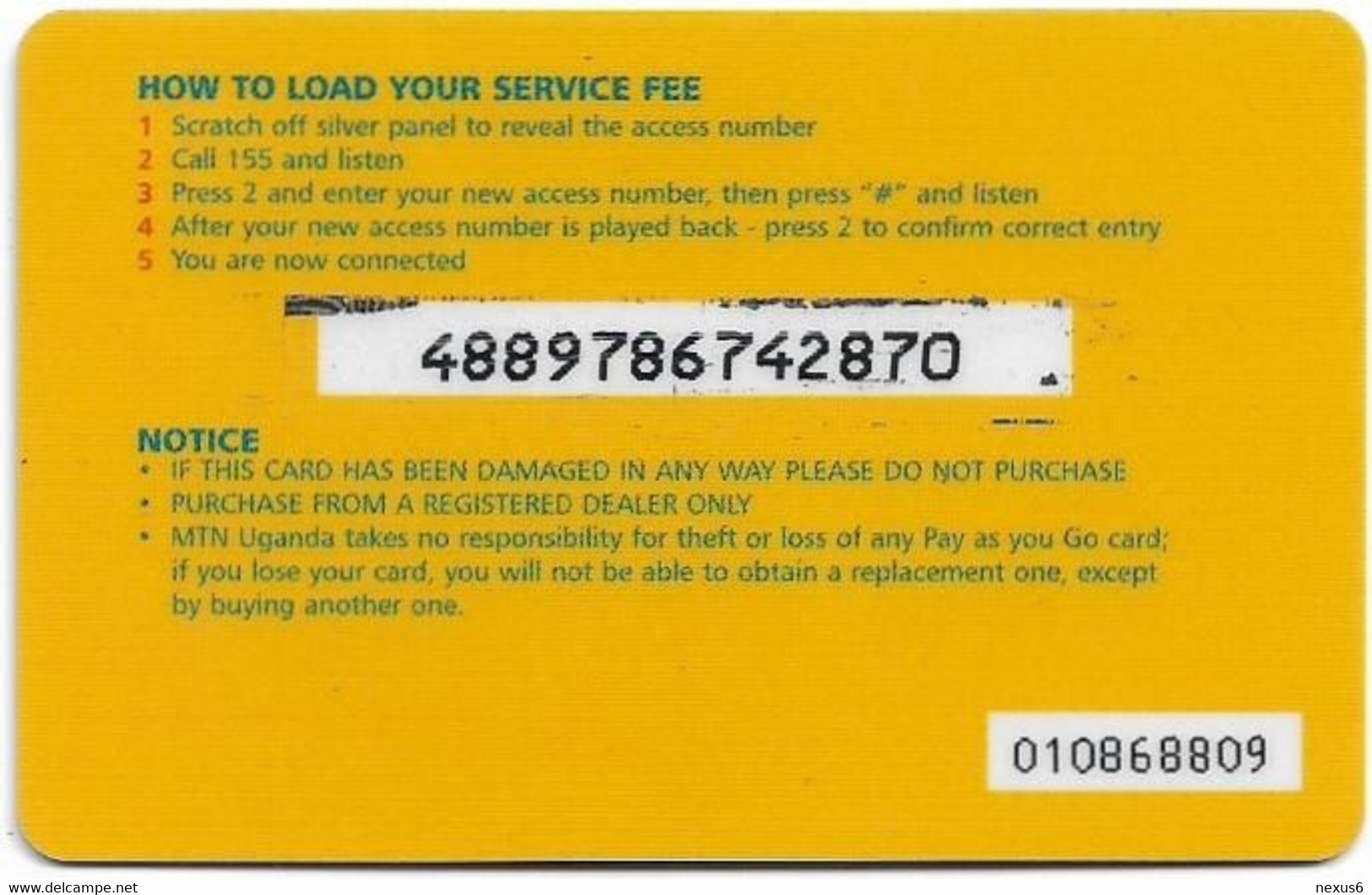 Uganda - MTN - Pay As You Go, Service Fee Card (Thick Card), GSM Refill 18.000Ush, Used - Uganda