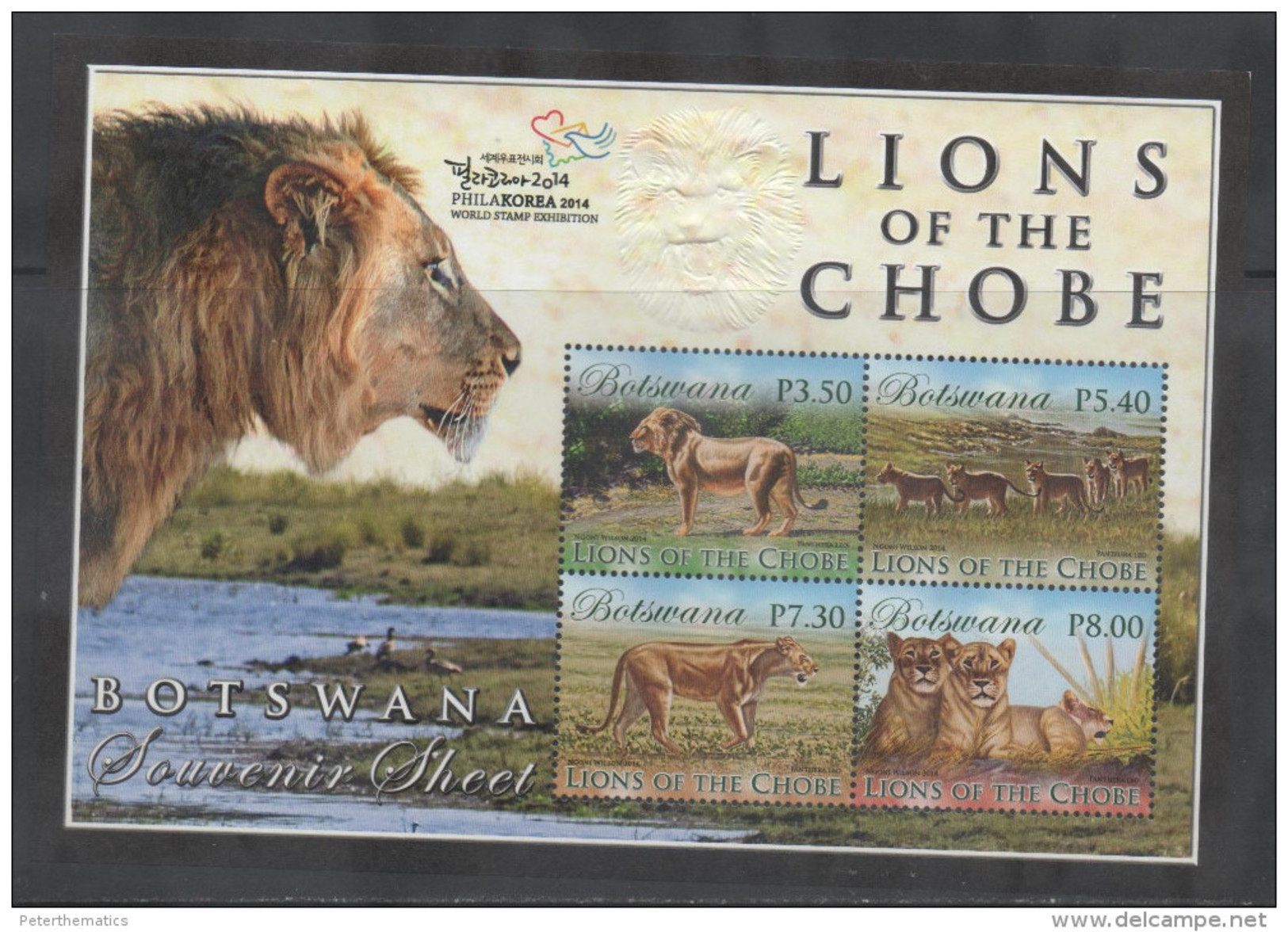 BOTSWANA, 2014, MNH,LIONS , LIONS OF THE CHOBE,PHILAKOREA EXHIBITION OVERPRINTED SHEETLET - Big Cats (cats Of Prey)