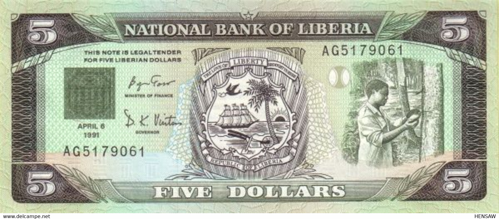 LIBERIA 5 DOLLARS 1991 P 20 UNC SC NUEVO - Liberia