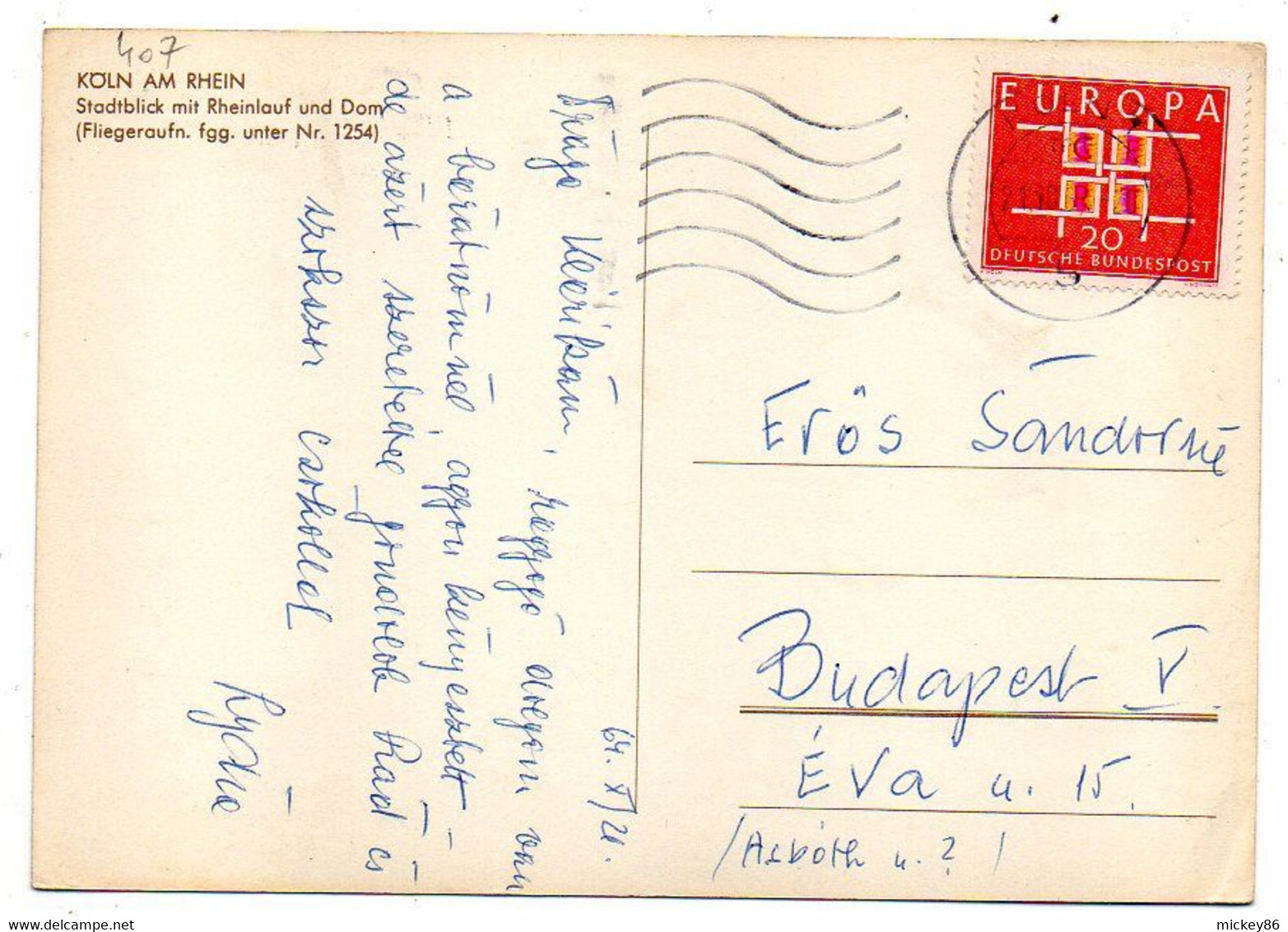 Allemagne-KOELN AM RHEIN -1964- Vue Aérienne .cachet  ... .pour BUDAPEST (Hongrie).... Timbre EUROPA  Au Verso - Koeln