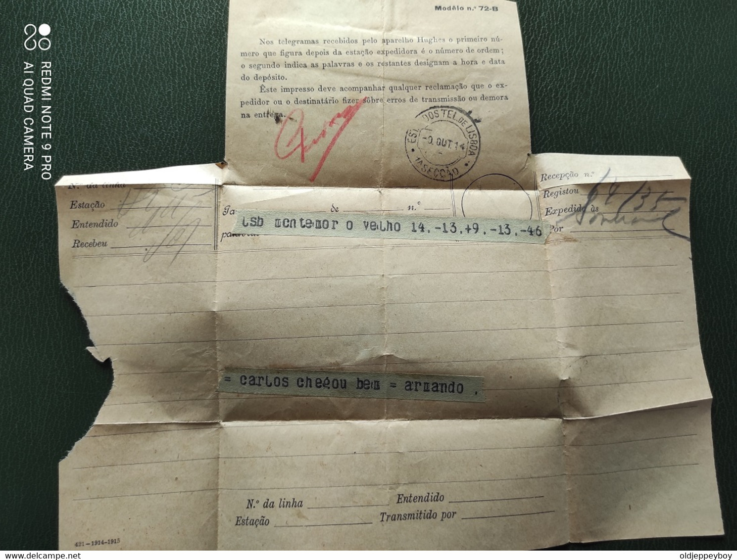 1914 PORTUGAL Telegram Télégramme Hughes Machine THOMAZ DEL NEGRO LISBOA PARA MONTEMOR O VELHO COIMBRA 1914 READ BELOW - Brieven En Documenten