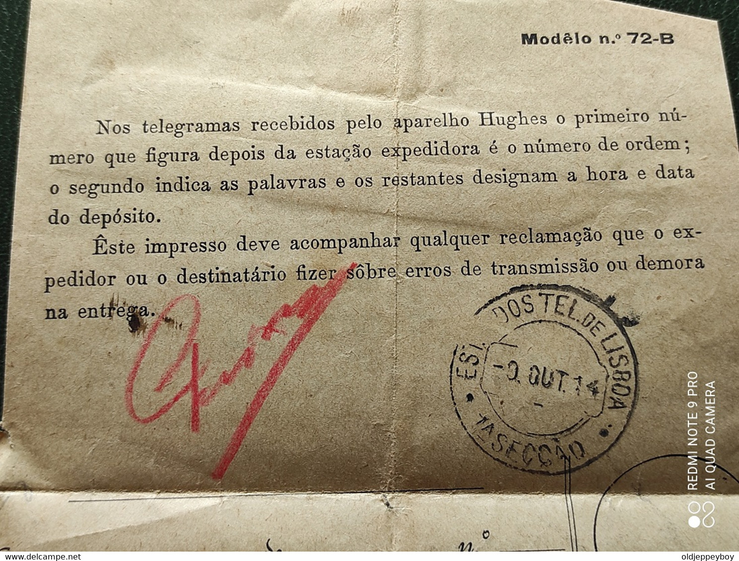 1914 PORTUGAL Telegram télégramme Hughes machine THOMAZ DEL NEGRO LISBOA PARA MONTEMOR O VELHO COIMBRA 1914 READ BELOW