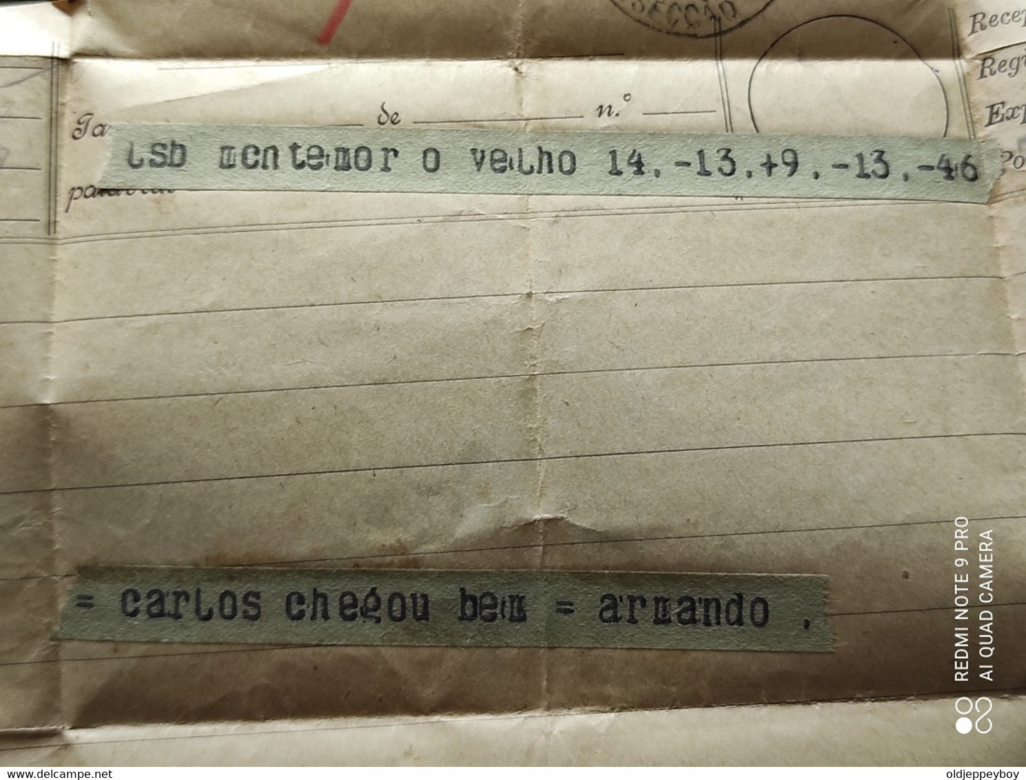 1914 PORTUGAL Telegram télégramme Hughes machine THOMAZ DEL NEGRO LISBOA PARA MONTEMOR O VELHO COIMBRA 1914 READ BELOW