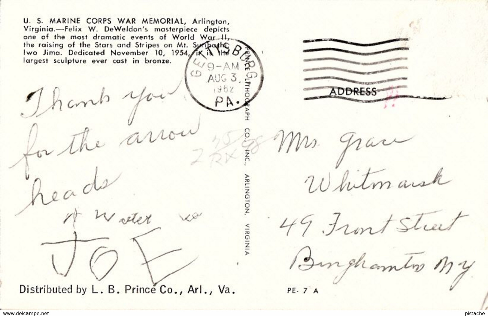 3572 – Arlington Virginia - U.S. Marine Corps War Memorial – Military – Postmark 1962 – Fair Condition – See Both Scans - Monuments Aux Morts