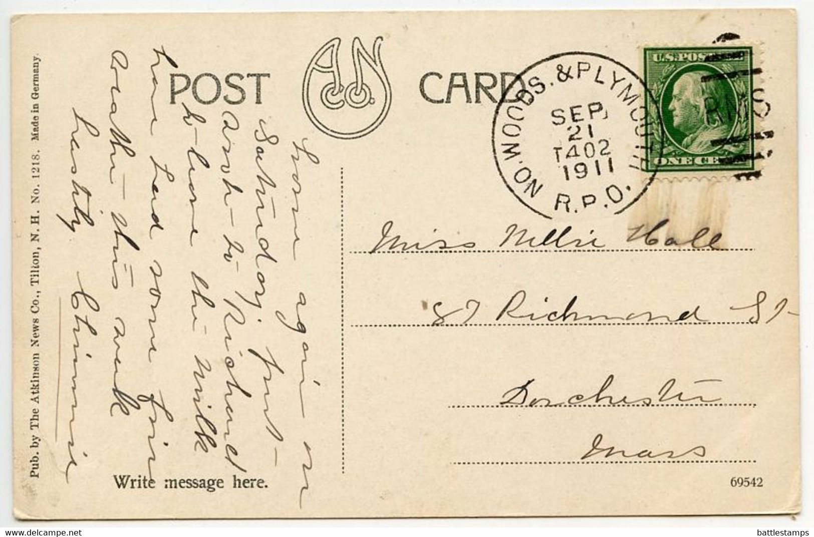 United States 1911 Postcard Dixville Notch, New Hampshire - Lake Gloriette; North Woods & Plymouth RPO Postmark - White Mountains