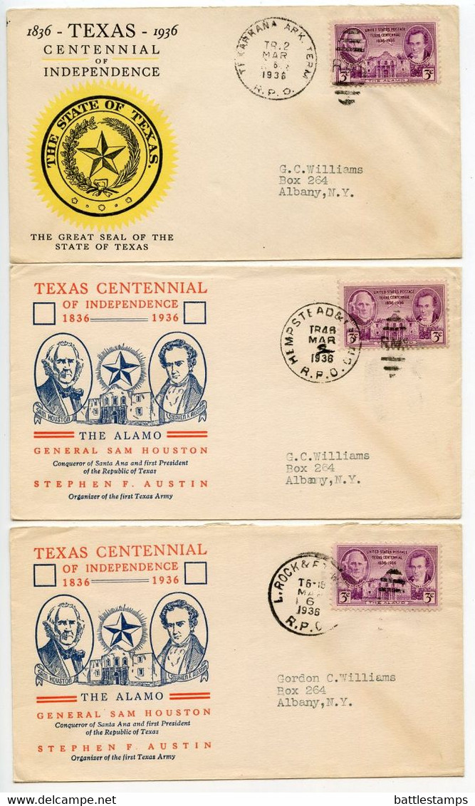 United States 1936 3 Covers FDC Cachets Scott 776 Texas Independence Centennial; 3 Different RPO Postmarks - 1851-1940