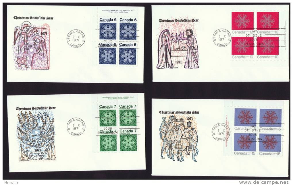 1971   Christmas  Complete Set  Cole Cover  Cachet     Sc 554-7  Plate Blocks - 1971-1980