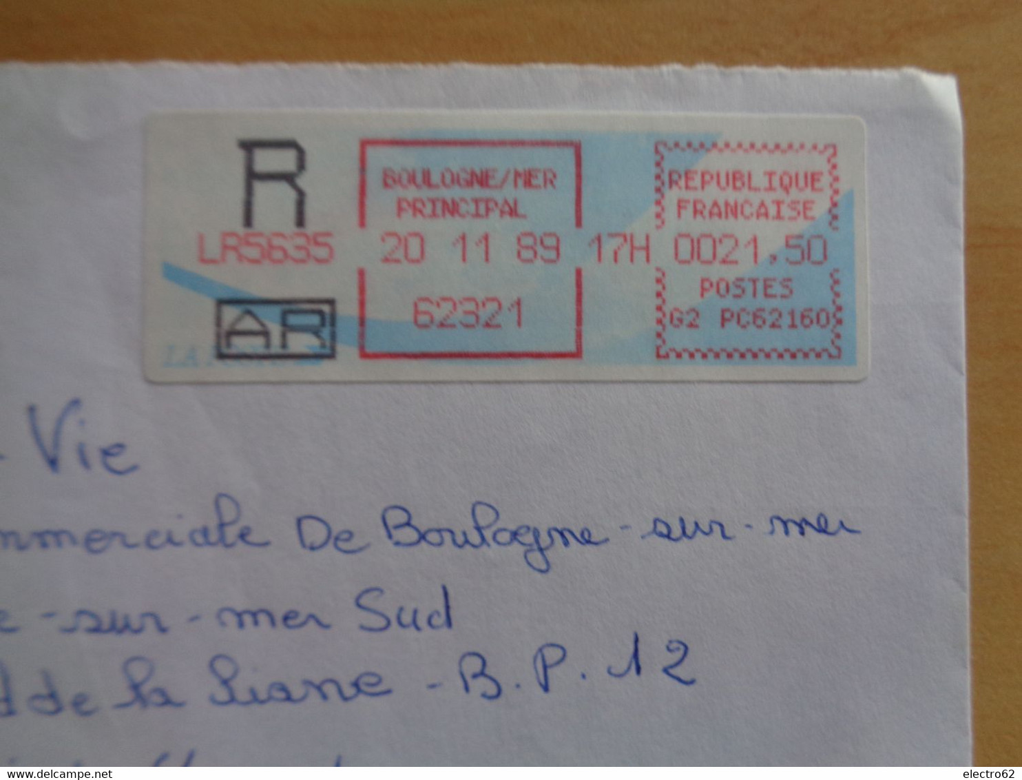 France Vignette Carrier Recommandé AR R LR 5635  Boulogne Sur Mer Principal 20-11-1989  G2 PC62160 - Storia Postale