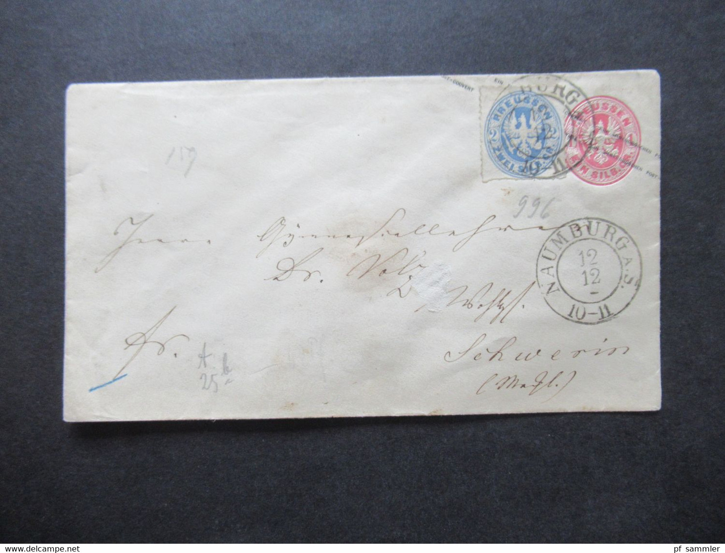 AD Preußen Um 1862 Ganzsachen Umschlag 1 Silbergroschen Mit Zusatzfrankatur Stempel K2 Naumburg Nach Schwerin Gesendet - Entiers Postaux