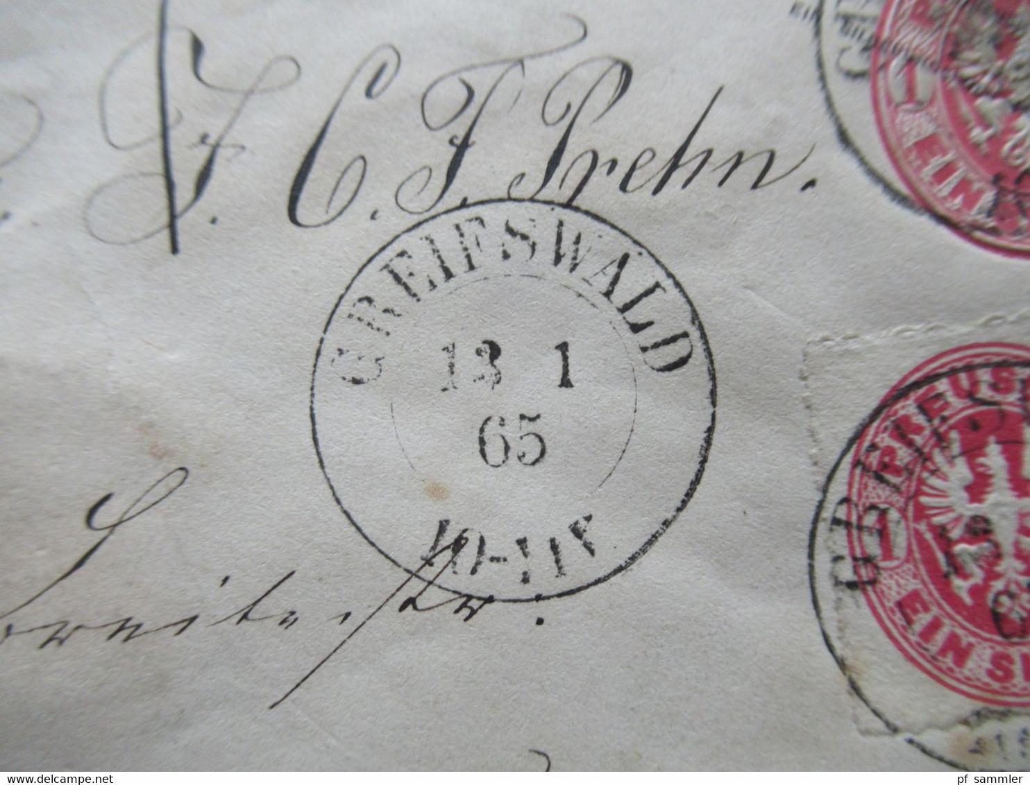 AD Preußen 1865 Ganzsachen Umschlag 1 Silbergroschen Mit Zusatzfrankatur Stempel K2 Greifswald Nach Rostock Gesendet - Postal  Stationery