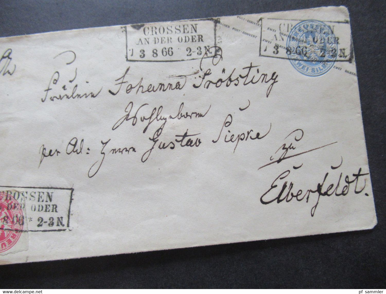 AD Preußen 1866 Ganzsachen Umschlag 2 Silbergroschen U 27 A Mit Zusatzfrankatur Stempel Ra3 Crossen An Der Oder - Interi Postali