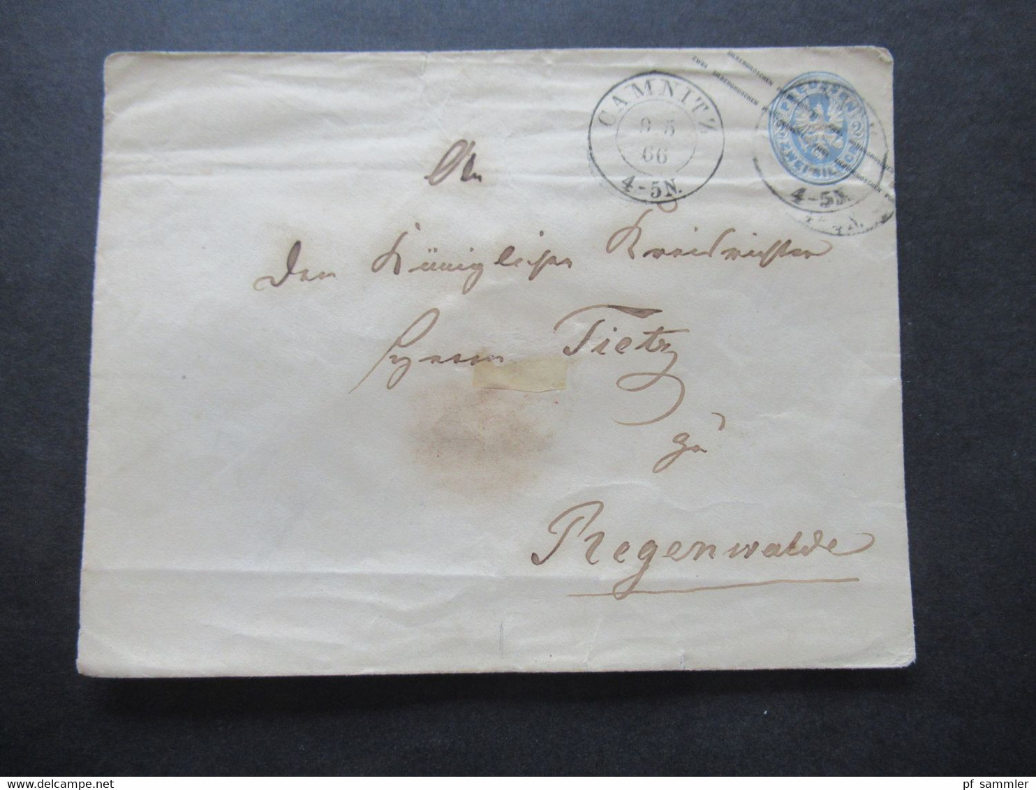 AD Preußen 1866 Ganzsachen Umschlag 2 Silbergroschen U 27 B Stempel K2 Camnitz Nach Regenwalde Gesendet - Entiers Postaux