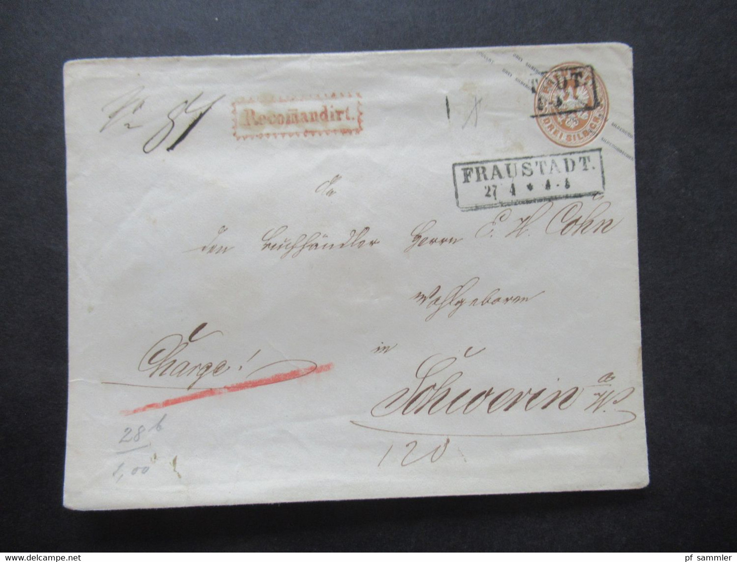 AD Preußen 1865 Ganzsachen Umschlag 3 Silbergroschen U 28 B Stempel Ra2 Fraustadt Recomandirt Und Vermerk Chargé - Postwaardestukken