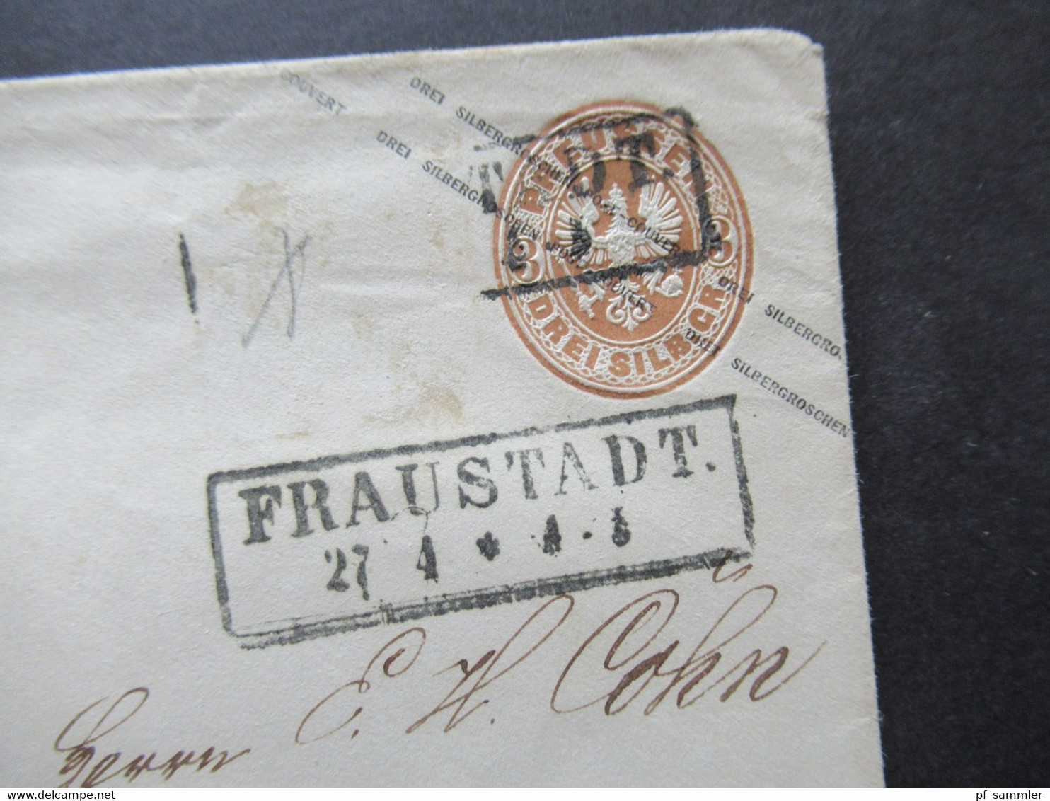 AD Preußen 1865 Ganzsachen Umschlag 3 Silbergroschen U 28 B Stempel Ra2 Fraustadt Recomandirt Und Vermerk Chargé - Postwaardestukken