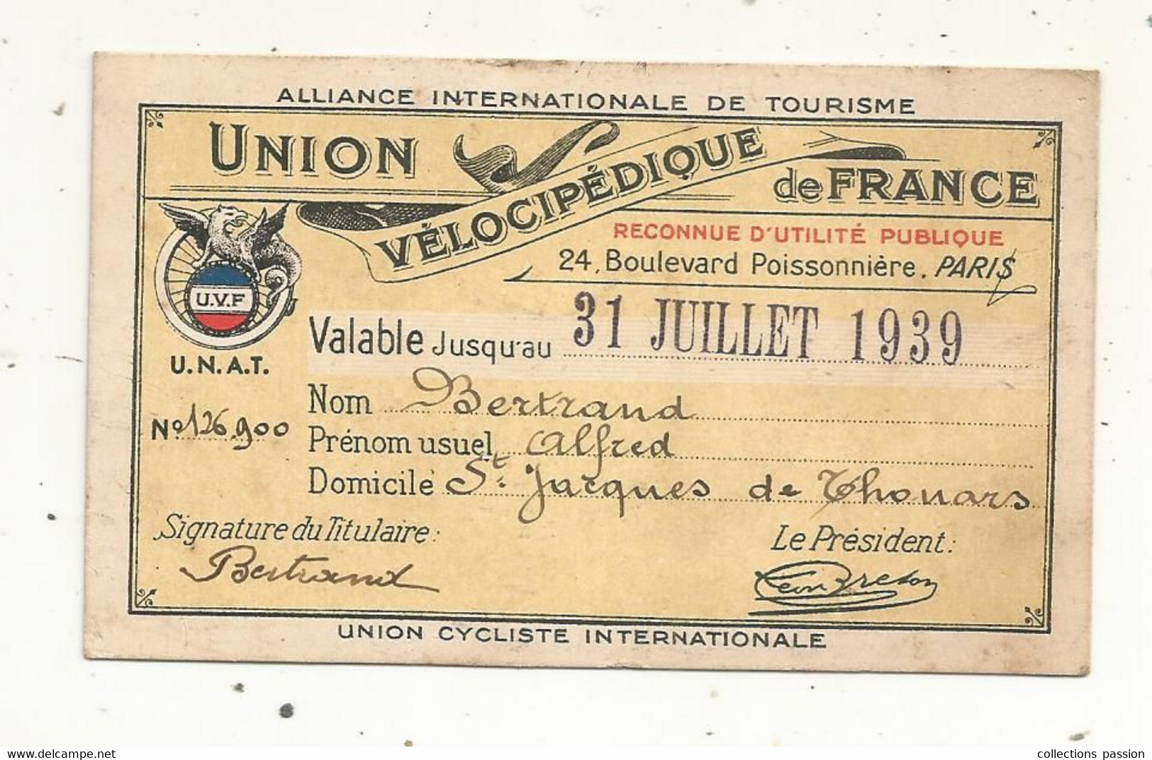 Carte De Membre, UNION VELOCIPEDIQUE DE FRANCE, 1939 - Tarjetas De Membresía