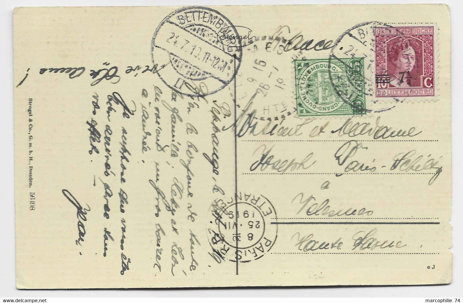 LUXEMBOURG 10C SURCHARGE 7 1/2C+5C  CARD CARTE LUXEMBOURG B ETTEMBOURG 1919 TO FRANCE - 1914-24 Marie-Adélaïde