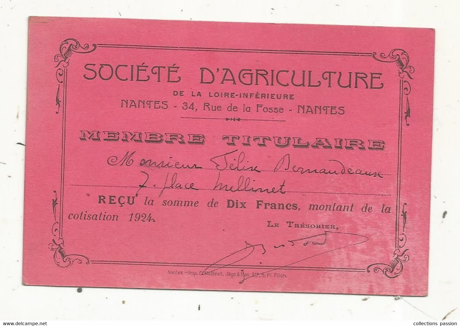 Carte De Membre Titulaire , SOCIETE D'AGRICULTURE,  NANTES,  1924 - Tarjetas De Membresía