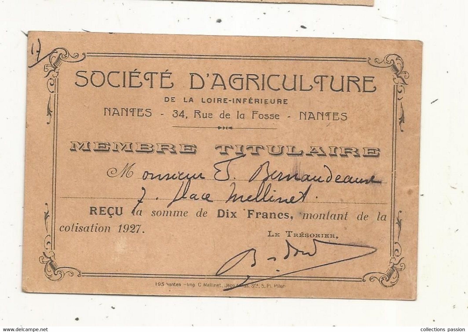 Carte De Membre Titulaire , SOCIETE D'AGRICULTURE,  NANTES,  1927 - Lidmaatschapskaarten