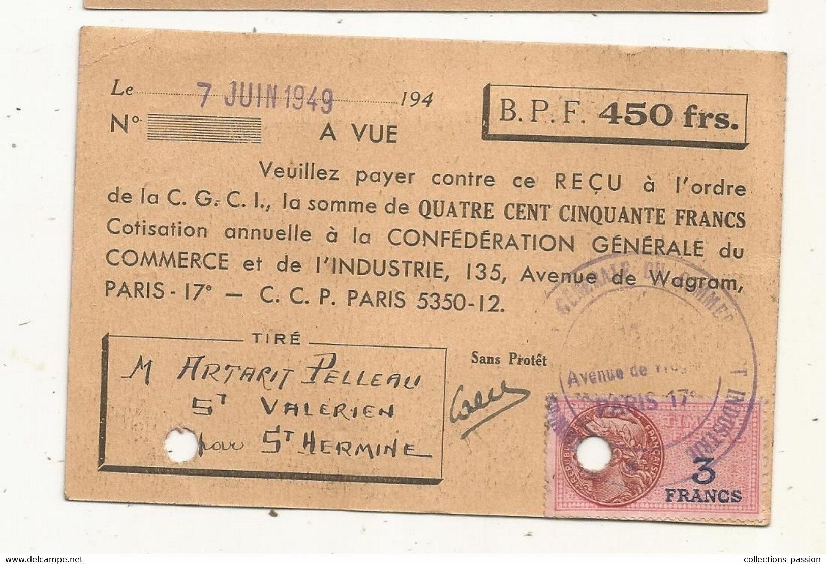 Carte D'adhérent , 1949, CONFEDERATION GENERALE DU COMMERCE ET DE L'INDUSTRIE, Vendée, Timbrée - Membership Cards