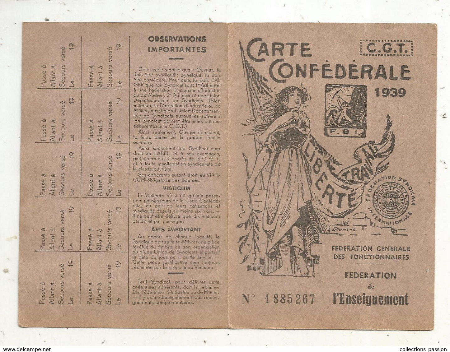 Carte Confédérale, C.G.T.,  1939 , Fédération De L'enseignement, Timbrée U.S. VENDEE - Cartes De Membre