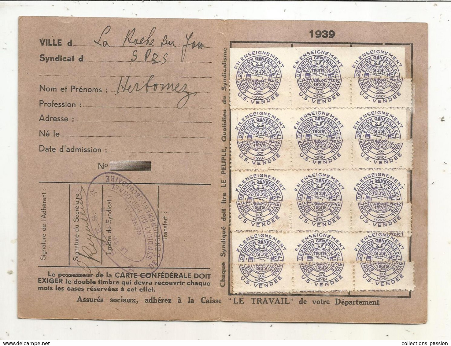 Carte Confédérale, C.G.T.,  1939 , Fédération De L'enseignement, Timbrée U.S. VENDEE - Tarjetas De Membresía