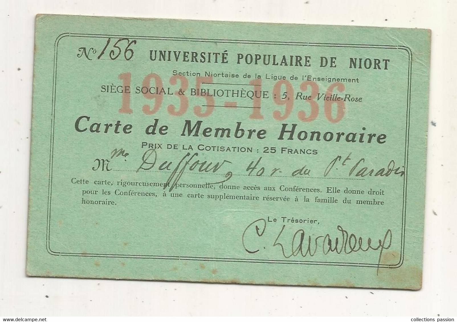 Carte De Membre Honoraire , UNIVERSITE POPULAIRE DE NIORT,1935-1936 - Membership Cards