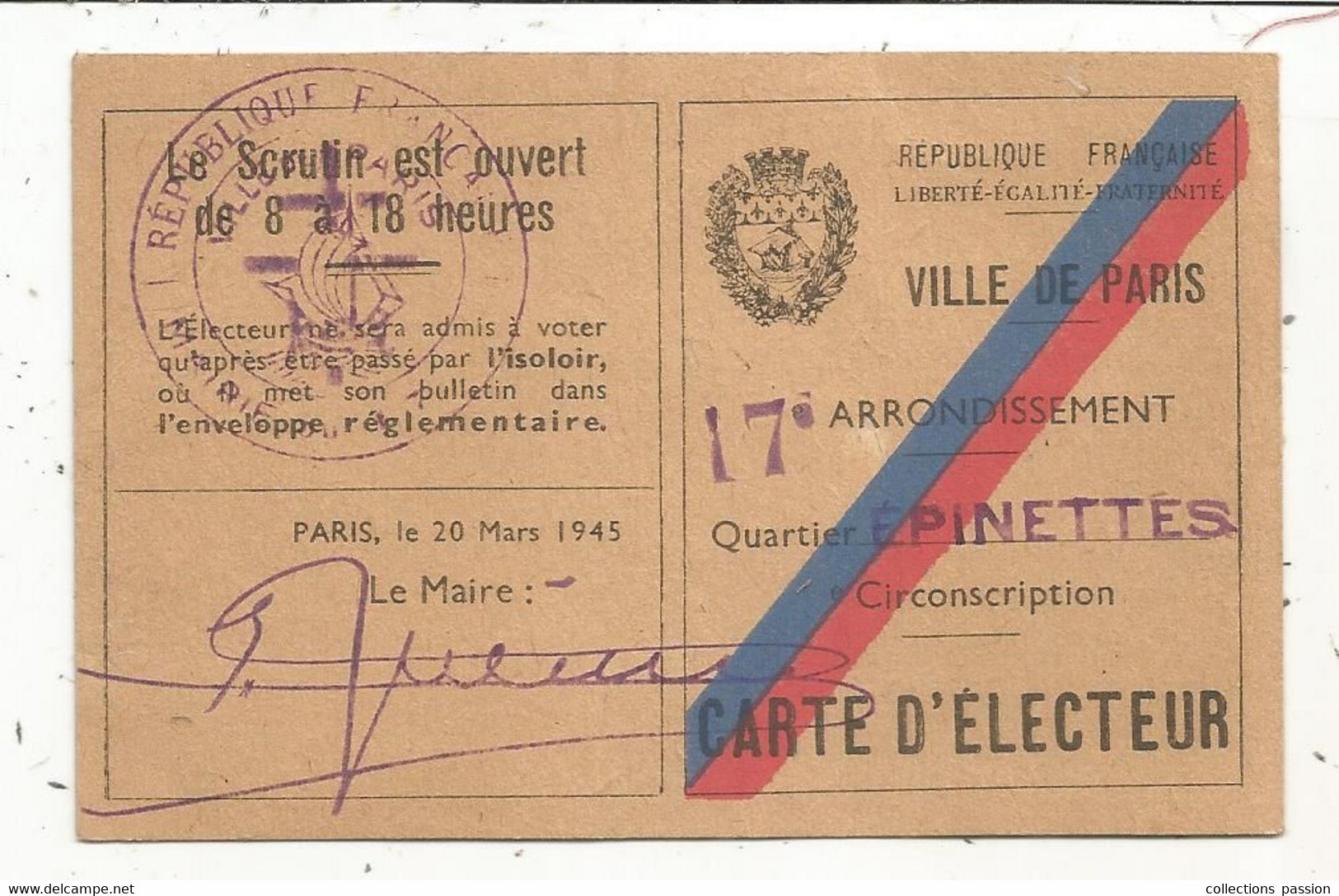 Carte D'électeur, Ville De Paris,17 E Arrondissement,quartier Des Epinettes , 1945 , 2 Scans - Ohne Zuordnung