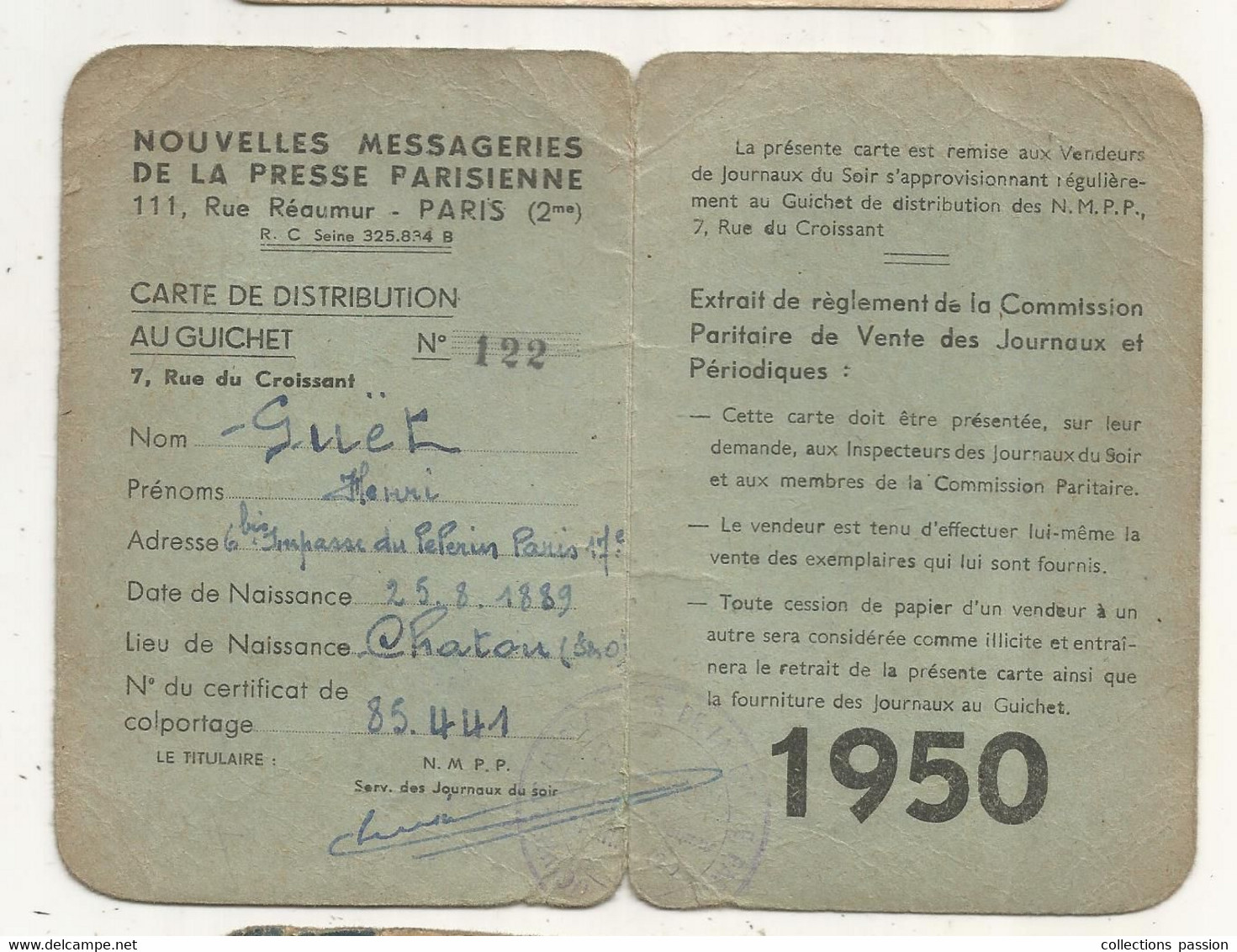 Carte De Distribution Au Guichet, NOUVELLES MESSAGERIES DE LA PRESSE PARISIENNE,1950 ,  2 Scans - Ohne Zuordnung
