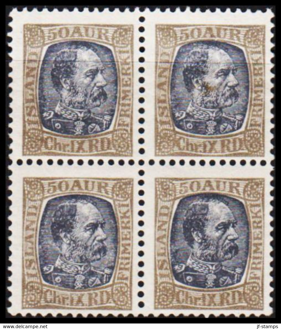 1902. ISLAND. King Christian IX. 50 Aur Grey/bluegrey. LUX  4-BLOCK NEVER HINGED.  (Michel 44) - JF529107 - Unused Stamps