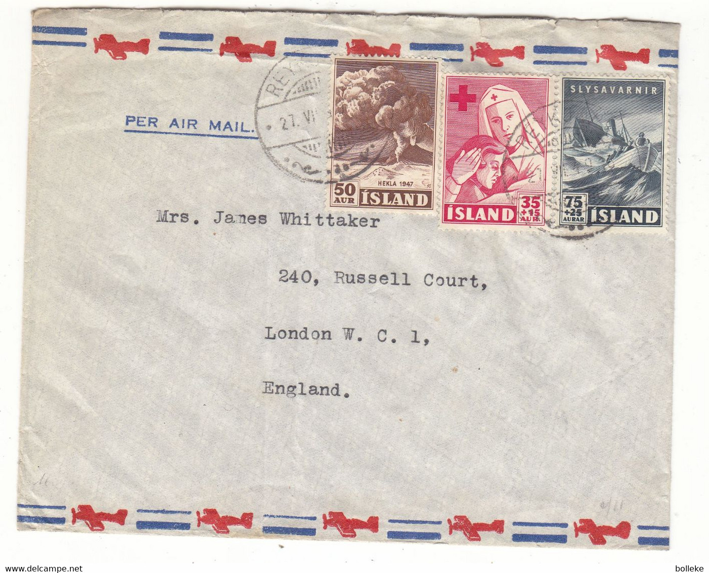 Croix Rouge - Islande - Lettre De 1949 - Oblit Reykjavik - Volcans - Exp Vers London -bateaux - Valeur 25 € En .....2005 - Briefe U. Dokumente