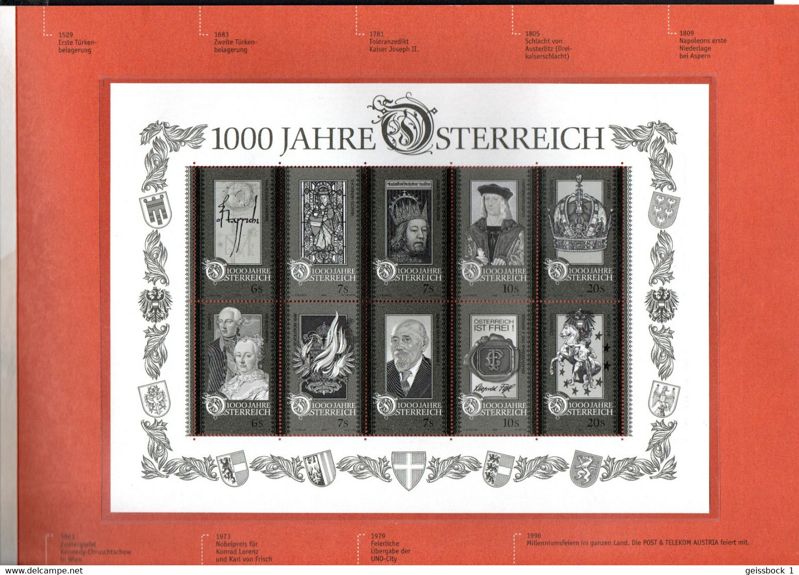 Österreich 1996:  Mi.-Nr.  2195-2204 + Schwarzdruck Block 14: 1000 Jahre Österreich (Geschenk-Folder) - Lettres & Documents