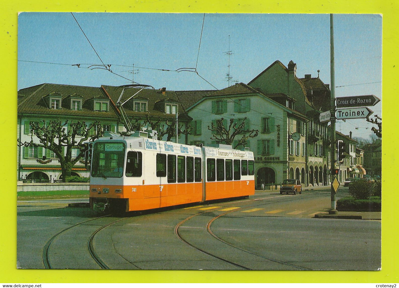 GENEVE Tram Tramway Motrice Prototype Düwag Au Rondeau De Carouge En 1984 PUB Fourrures Scheidegger Austin Mini - Carouge