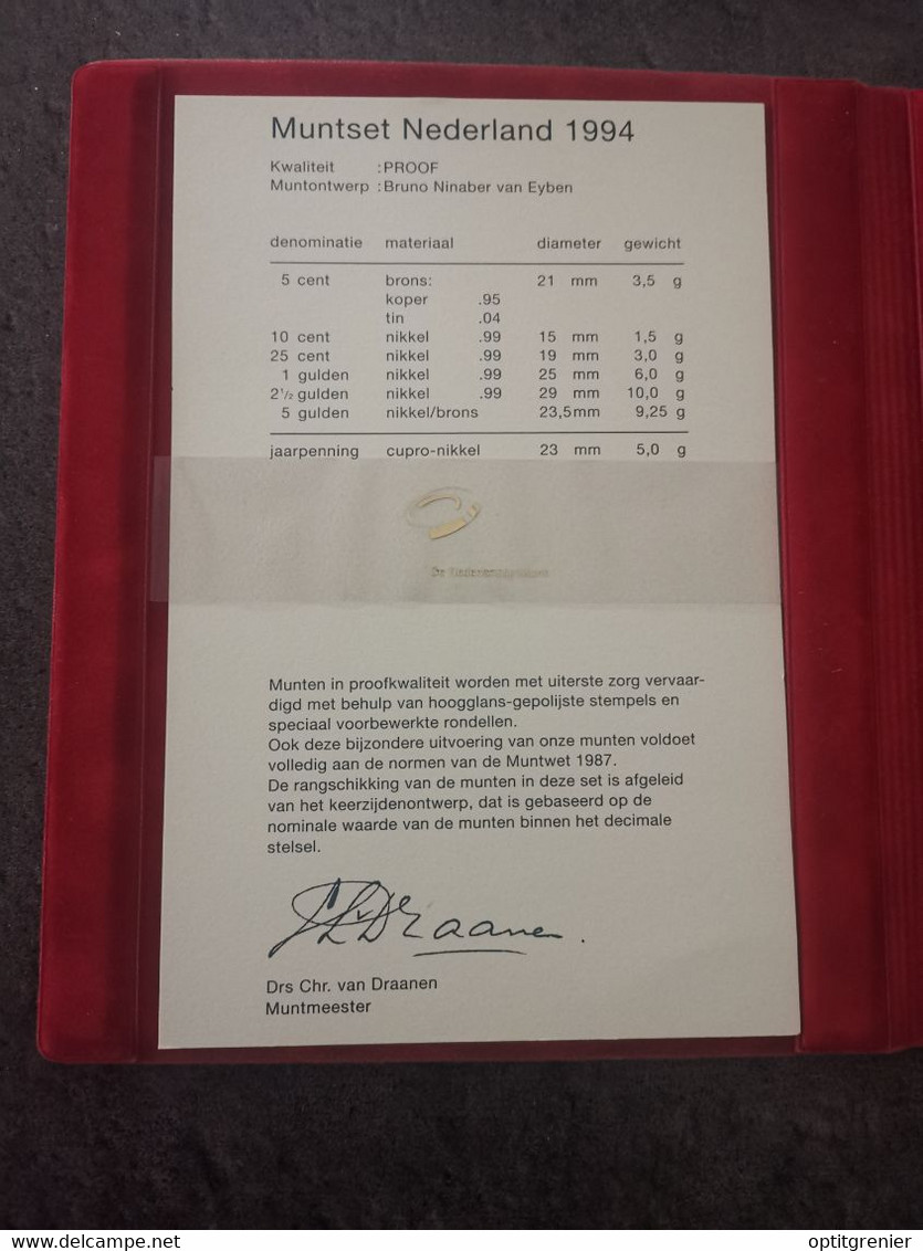 COFFRET BE PROOF 1994 PAYS BAS / NEDERLAND UNC CENTS & GULDEN SET - Nieuwe Sets & Testkits