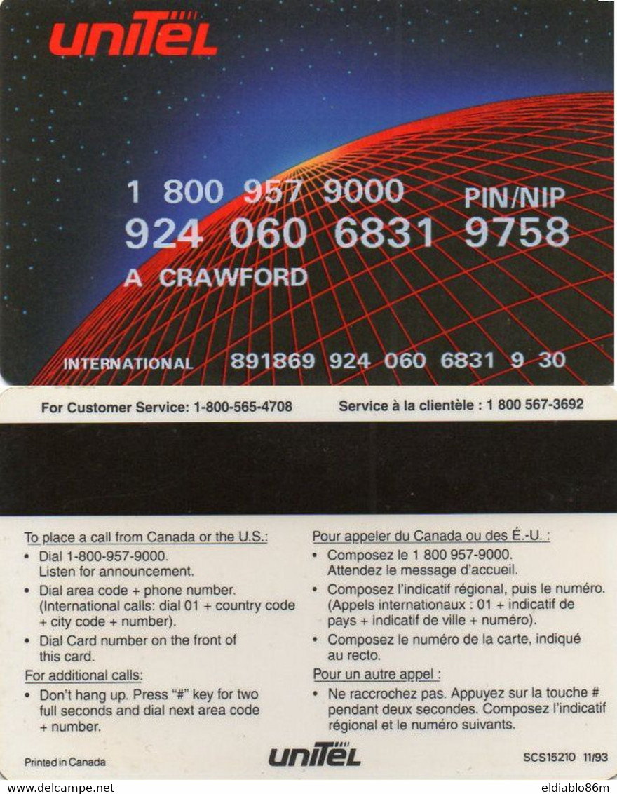 UNITED STATES - MAGNETIC CARD - UNITEL INTERNATIONAL CALLING CARD (1993) - Schede Magnetiche