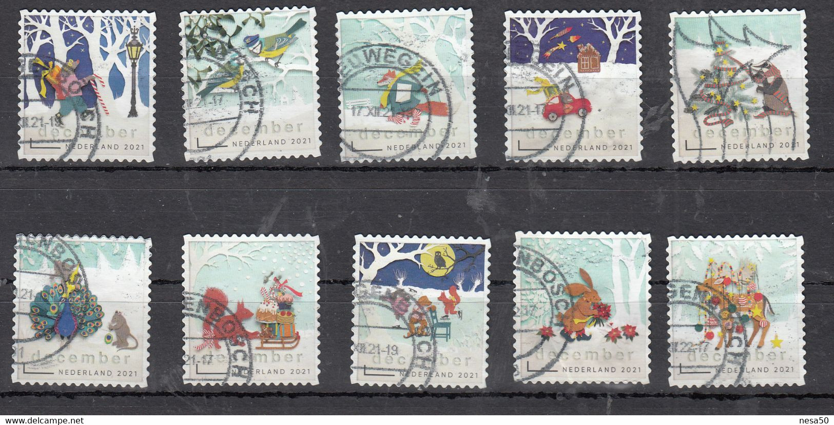 Nederland 2021 Nvph Nr 3978 - 3987 , Mi Nr 4065 - 4074 , Decemberzegels Met Eekhoorn, Hert, Kerstboom, Bird, Car - Used Stamps