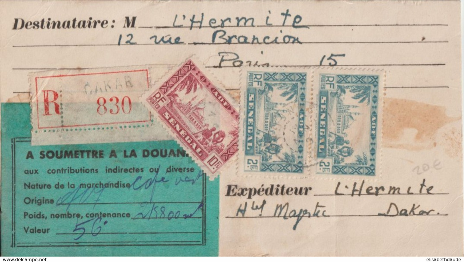 1939 - SENEGAL - CARTE RECOMMANDEE COLIS De CAFE SOUMIS à La DOUANE De DAKAR => PARIS - Briefe U. Dokumente