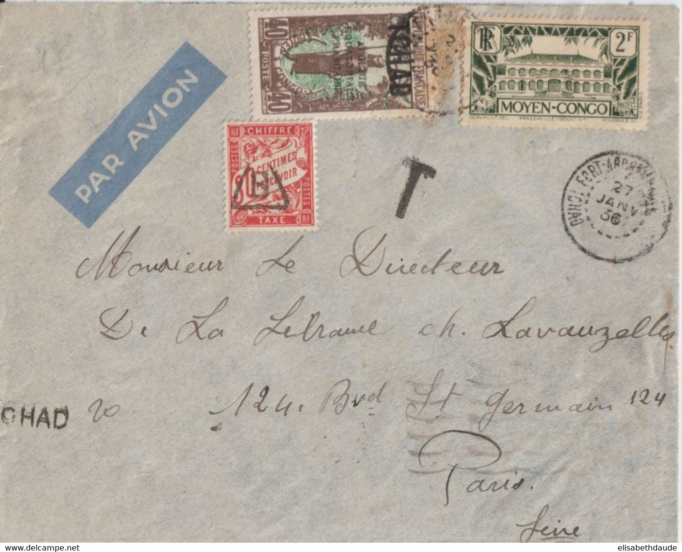 1936 - TCHAD - TAXE DUVAL Sur ENVELOPPE De FORT-ARCHAMBAULT (AFFR. MIXTE MOYEN-CONGO) => PARIS - Covers & Documents