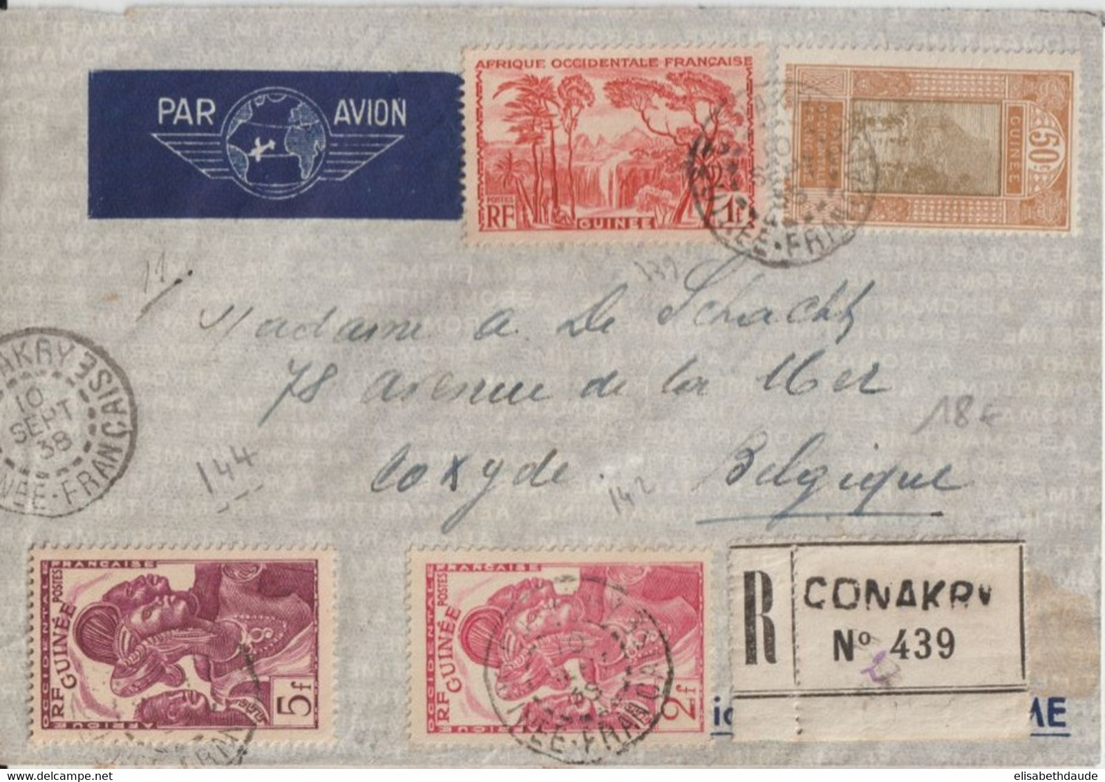 1938 - GUINEE - ENVELOPPE RECOMMANDEE De CONAKRY => COXYDE (BELGIQUE) - Storia Postale