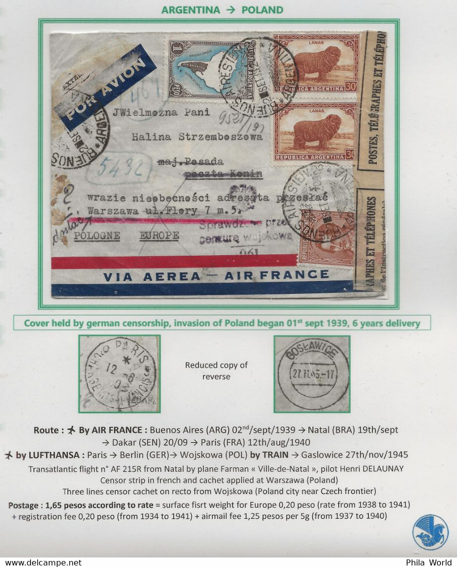 AIR FRANCE 1939 Argentina Poland Air Mail Cover Held By German Censorship Censor Strip WARSZAWA And Cachet From WOJSKOWA - Covers & Documents